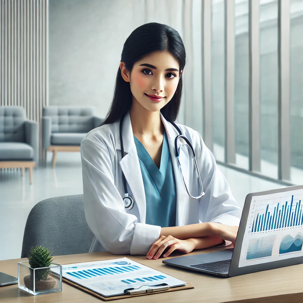 DALL·E 2025-05-04 01.10.39 - A professional female healthcare consultant sitting at a modern desk with a laptop displaying graphs and documents, symbolizing business advisory serv